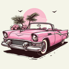 Vector Illustration Of A Pink Classic Convertible Retro Car