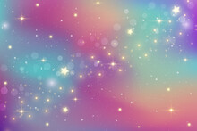 Rainbow Fantasy Background. Bright Multicolored Sky With Stars And Bokeh. Holographic Illustration In Pastel Violet And Pink Colors. Cute Cartoon Girly Wallpaper. Vector.