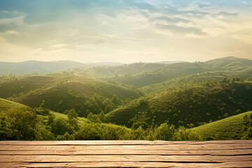 Poster - Wooden table top on green hill with blue sky background. High quality photo