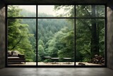 Fototapeta Fototapeta las, drzewa - Interior of modern living room with wooden floor and panoramic window overlooking green forest