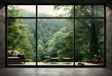 Interior Of Modern Living Room With Wooden Floor And Panoramic Window Overlooking Green Forest