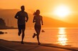 © Stavros - Jogging workout. Silhouette of a young couple during jogging workout on the beach at sunset.