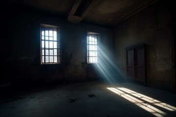 Desolate chamber with sunlight beaming through. Generative AI