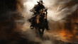Abstract image of cowboy riding on a horse against colorful sunset sky. Silhouette of rider in cowboy costume sit on powerful and smart horse on sunrise background.