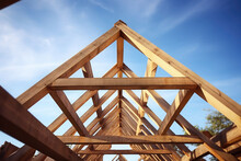 Wood Roof Trusses Constructed With Construction Framing Beams Timber. Generative AI