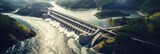 Fototapeta  - Aerial view of Hydroelectric power dam on a river and mountains
