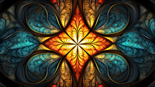 Stained Glass Abstract Background. Fractal Flower Pattern In Vibrant Colors. Kaleidoscope Art. Digital Fractal Design. Flower Pattern In Abstract Stained Glass. Symmetry Design.