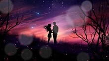 Valentine' S Day Decoration Silhouette Of A Couple In The Night Animation With Anime Or Cartoon Style.  Seamless Looping Video Animated Background	
