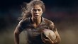 © mattegg - A strong female rugby player with ball in hand, ready for action