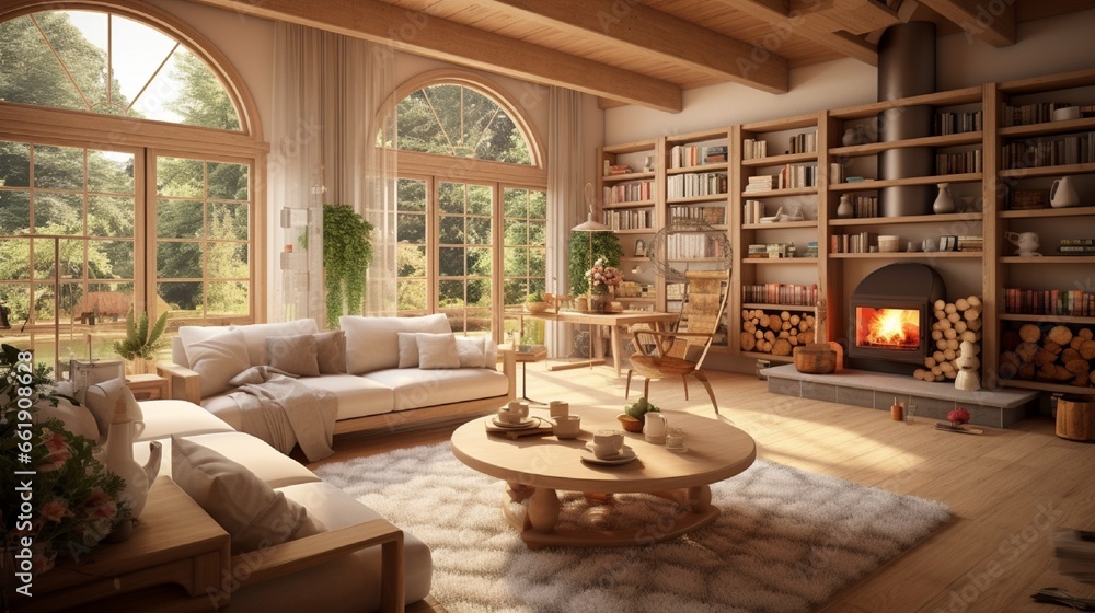 cozy warm home interior of a chic country house with an open plan, wood ...