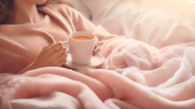 Woman lying in bed with warm blanket in pink colors, holding a cup of tea. Natural cold remedies. Banner.