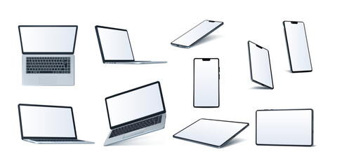 Aufkleber - Laptop, tablet and smartphone mockup. 3d PC and mobile phone in perspective side, blank website on isometric empty screen, monitor isolated electronic elements. Vector gadget digital models