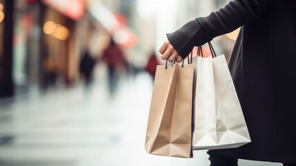 Woman with shopping bags in the street.