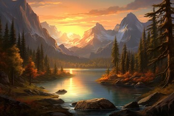 Wall Mural - A breathtaking ultra-realistic landscape showcases towering mountains, a pristine lake, and lush pine forests under the golden hues of a setting sun, casting long shadows.