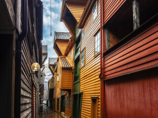 Wall Mural - Narrow street at famous Bryggen in Bergen, Norway