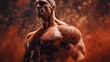 Male bodybuilder on anabolic steroids covered in red dust

