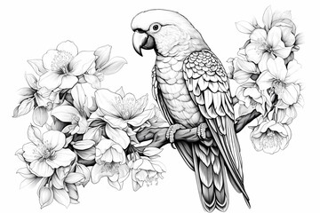 Sticker - Monochrome illustration of parrot sitting on a branch with flowers. Printable coloring sheet. Generative AI