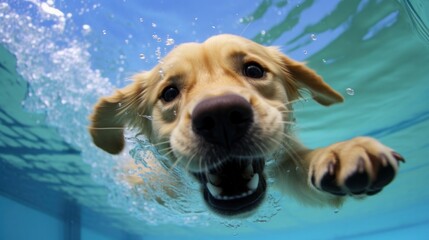 Funny underwater picture of puppies in swimming pool playing deep dive action training game with family pets and popular dog breeds during summer holidays. recreation, relax, generate by AI