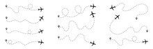 Airplane Dashed Lines Path With Start Point And Dash Line Airplane Routes Set. Plane Route Line. Planes Dotted Flight Pathways. Plane Paths. Aircraft Tracking, Airplane Routes. Travel Vector Icon.