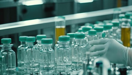 Wall Mural - Sanitary gloves checking medical vials on production line at pharmaceutical factory with working pharmaceutical machine for glass bottles