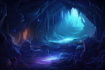 Wall Mural - ultra-realistic depiction of a subterranean cavern, illuminated by ethereal bioluminescent fungi, casting an otherworldly aura.