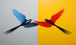 opposing birds in contrasting colors; 'worlds collide'