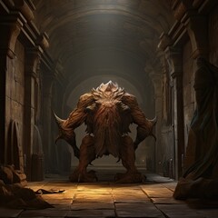 Wall Mural - Giant scary something, a monster, standing in the dungeon. A beast. Character design. Game scene, game design. Fantasy world character. Ugly monster