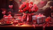 Romantic Valentine's Day Lovers With A Gift Box Of Red Rose Flower Nature Generated By AI