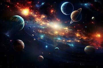  Space illustration, planets, solar system, night sky. Generative AI