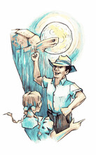 Man In Hat Talking To Girl With Moon And Turtle_JPEG Illustration