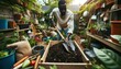 In a wide close-up shot, a man of African descent is captured using a shovel to turn and mix compost in a dedicated composting area of his backyard.