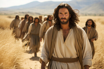 Wall Mural -  Jesus Christ and His disciples walk through a wheat field