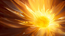 Digital illustration of solar flare in yellow abstract shape. 3D sunburst digital art in sharp focus and soft shadows. Yellow and bronze sun rays.