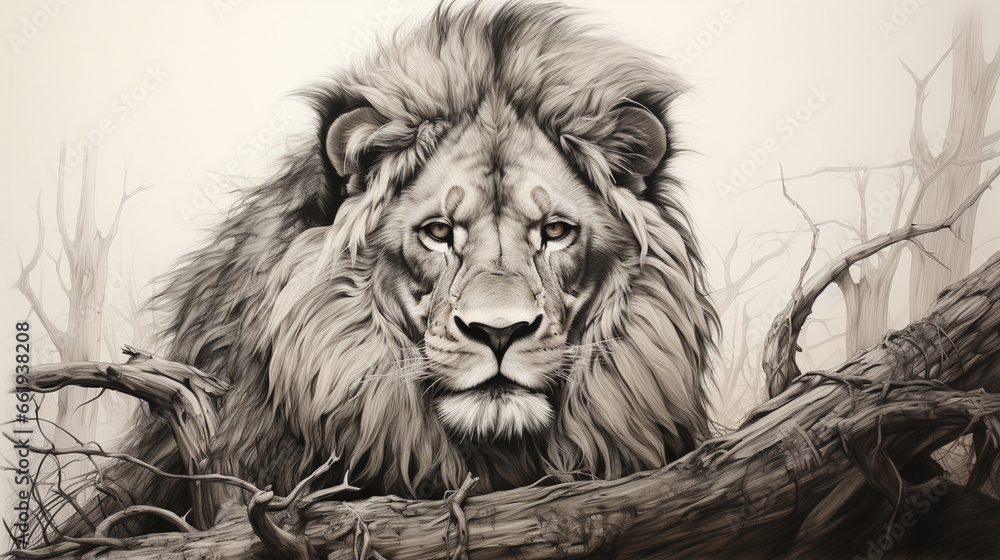 Majestic Lion Portrait: A highly detailed black and white pencil ...