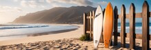 Colored Surfboards Leaning Up Against A Wooden Fence Near The Tropical Beach. Active Holidays Vacation Lifestyle Concept. Wide Banner