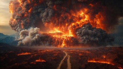 Canvas Print - Volcanic eruption with lava and smoke, natural disasters