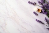 Fototapeta Kwiaty - A delicate flat lay featuring lavender flowers and natural cosmetics, elegantly displayed on a sophisticated marble background, offering a soothing visual experience and empty space for versatile use.