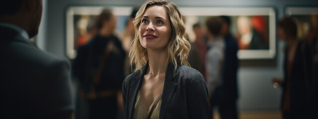 Wall Mural - Woman looks at paintings in a gallery during an exhibition