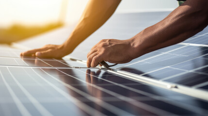 Wall Mural - A worker installs solar panels.