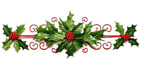 Wall Mural - christmas decoration garland from holly berries and leaves, with red ribbon on white background. win