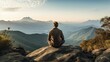 A person sits on a rocky cliff, gazing at a distant mountain range. The serene landscape inspires contemplation and reflection. A peaceful and majestic view that evokes tranquility and wanderlust.