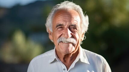 Proud elderly Greek man with a confident smile, showcasing the wisdom and experience of Mediterranean culture. Wrinkles reveal a happy and content expression, reflecting his authentic traditional lif