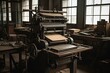 An image of a vintage printing press with typesetting desk and equipment in an old press works. Generative AI