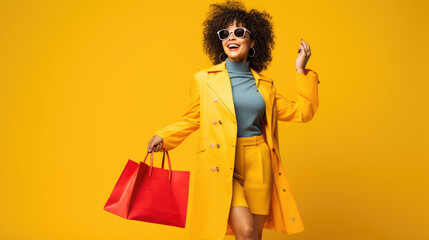 Beautiful attractive smiling woman holding shopping bags posing on yellow background