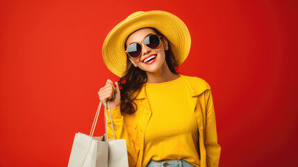 Wall Mural - Beautiful attractive smiling woman holding shopping bags posing on red background
