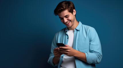 Poster - Happy smiling young man using his phone on a colored background.