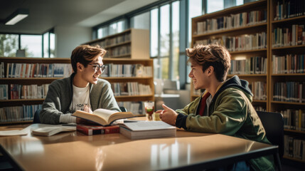 Canvas Print - Two student friends sitting in the library getting ready for class