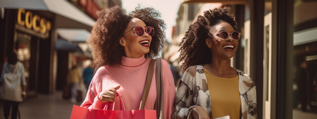 Wall Mural - Two girlfriends is walking down the street with bags while shopping