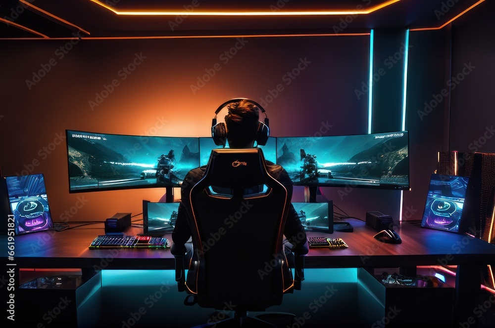 A multi monitor gaming setup with a high-performance gaming computer with RGB lighting, a gamer seated on an ergonomic chair and using a gaming mouse and mechanical keyboard