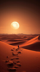 Canvas Print - Hiker on sand dune in the desert at sunset